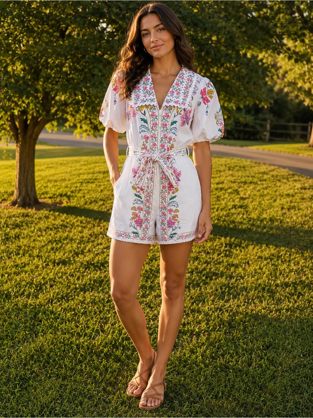 FARM Rio White Embroidered Floral Short Jumpsuit